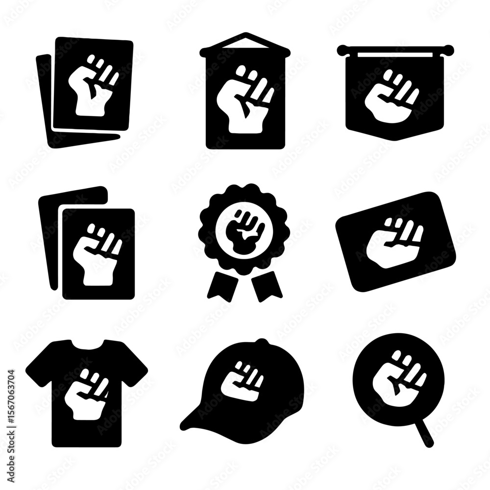 Advocacy Icon Grid. Solid, filled icon set of advocacy materials: flyers, posters, banners, pamphlets, badges, stickers, t-shirts, Advocacy Icon Grid. Solid, filled icon set of advocacy materials: flyers, posters, banners, pamphlets, badges, stickers, t-shirts,