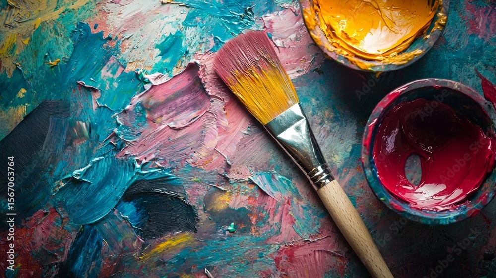 Obraz premium Artistic paintbrushes with textured blue pink canvas vivid creative background photography concept color composition