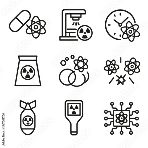 Atomic Applications Icons. Solid, filled icon set of atomic applications: nuclear medicine, radiation therapy, atomic clock,