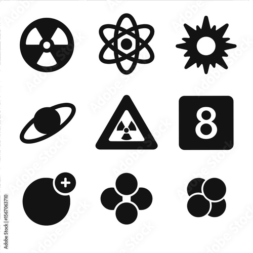 Atomic Symbols Grid. Solid, filled icon set of atomic symbols and signs: radioactive symbol, atom icon, energy burst, electron