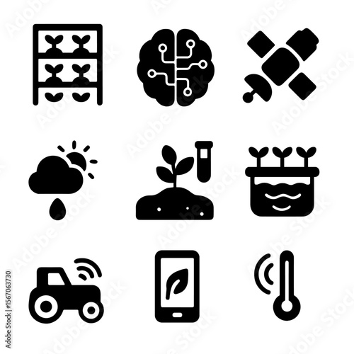 Agri-Tech Icon Grid. Solid, filled icon set of agri-tech innovation: vertical farm, AI brain, satellite, weather forecast, soil