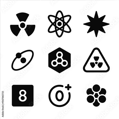 Atomic Symbols Grid. Solid, filled icon set of atomic symbols and signs: radioactive symbol, atom icon, energy burst, electron