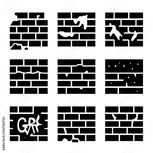 Aged Brick Wall Icons. Solid, filled icon set of fading brick wall textures: crumbling bricks, peeling paint, moss growth, cracked