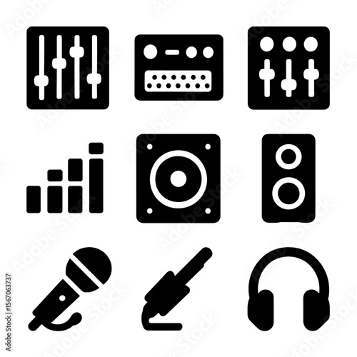 Audio Equipment Icons. Solid, filled icon set of sound equipment: audio mixer, amplifier, soundboard, equalizer, subwoofer,