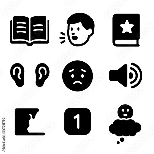 Audio Storytelling Icons. Solid, filled icon set of audio storytelling: open script, narrator face, storybook icon, listener ears,
