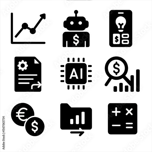 AI Finance Icons. Solid, filled icon set of AI for finance teams: predictive analytics graph, financial forecast bot, smart