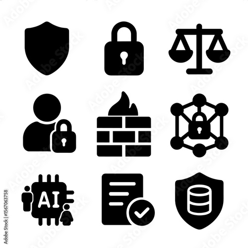 AI Ethics Icon Set. Solid, filled icon set of AI ethics and security: shield, lock, ethical scale, privacy, firewall, secure