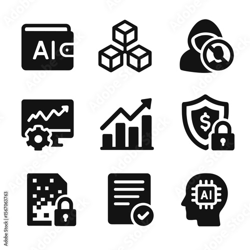 AI Finance Icons. Solid, filled icon set of AI in finance: digital wallet, blockchain, fraud detection, automated trading,