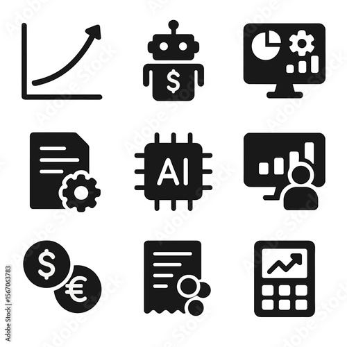 AI Finance Icons. Solid, filled icon set of AI for finance teams: predictive analytics graph, financial forecast bot, smart