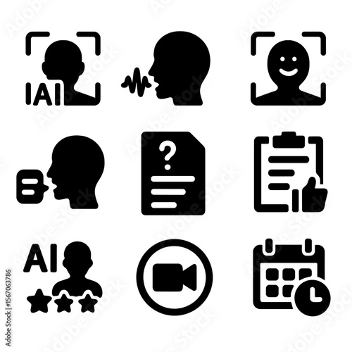 AI Interview Features Icons. Solid, filled icon set of AI-powered interview features: facial recognition, voice analysis, emotion