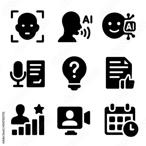 AI Interview Features Icons. Solid, filled icon set of AI-powered interview features: facial recognition, voice analysis, emotion