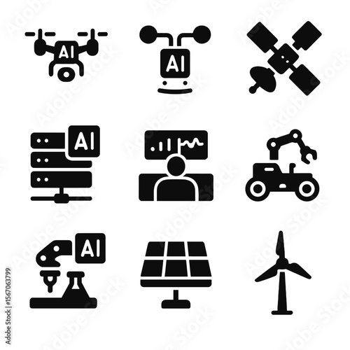 AI Monitoring Icons. Solid, filled icon set of AI-powered monitoring infrastructure: drone fleet, sensor array, satellite