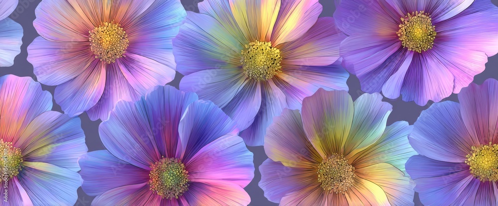 Obraz premium Vibrant wildflowers and green leaves are arranged in a seamless pattern on a light-colored background