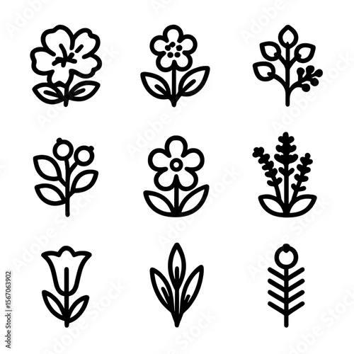 Alpine Wildflowers Icon Set. Solid, filled icon set of alpine wildflowers and shrubs: mountain azalea, alpine forget-me-not, dwarf