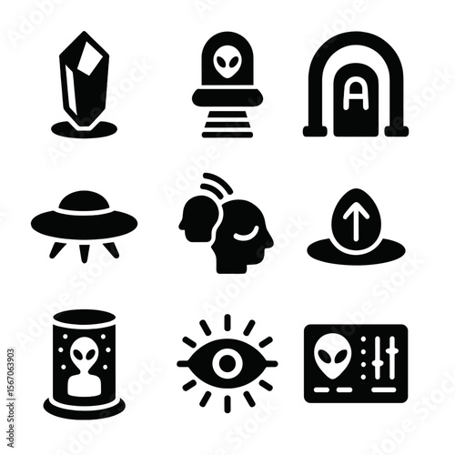 Alien Tech Icons. Solid, filled icon set of alien teleport tech: crystal pad, alien beacon, glyph gate, hovering disc, neural
