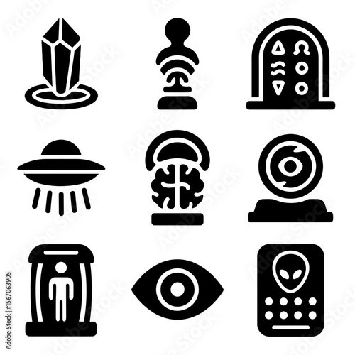 Alien Tech Icons. Solid, filled icon set of alien teleport tech: crystal pad, alien beacon, glyph gate, hovering disc, neural