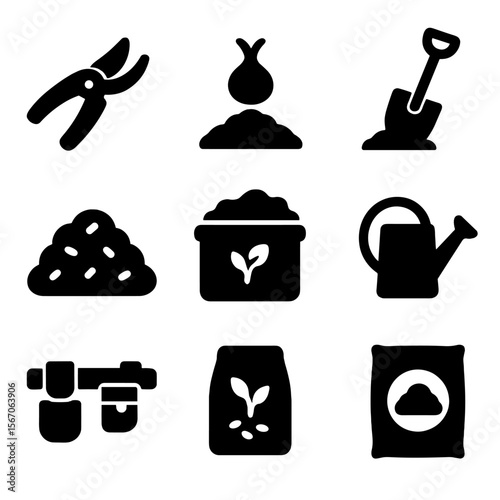 Autumn Gardening Icons. Solid, filled icon set of autumn gardening tasks: pruning shears, planting bulb, digging spade, mulch pile