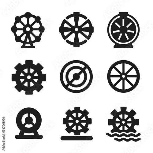 Amusement Park Wheels Grid. Solid, filled icon set of amusement park wheels: ferris wheel, carousel wheel, wheel of fortune,