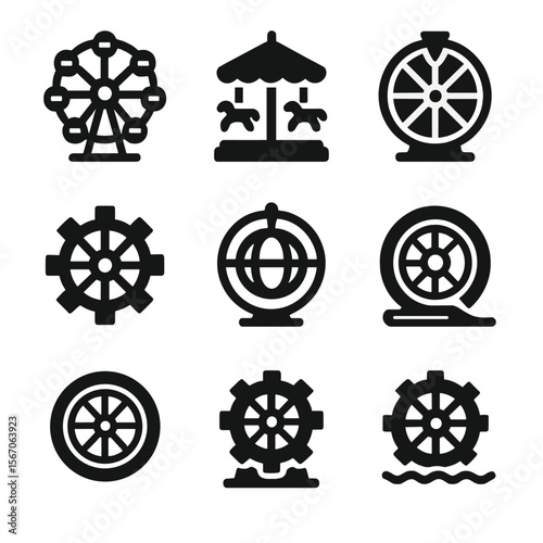 Amusement Park Wheels Grid. Solid, filled icon set of amusement park wheels: ferris wheel, carousel wheel, wheel of fortune,