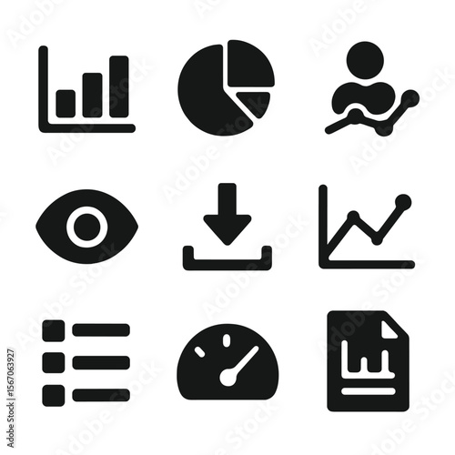 Analytics Icon Set. Solid, filled icon set of analytics and reporting: bar graph, pie chart, user activity icon, asset views,