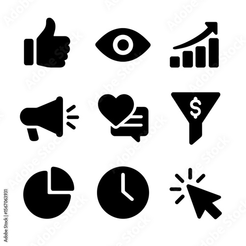 Analytics and Strategies Icons. Solid, filled icon set of analytics and metrics: likes, views, impressions, reach, engagement,