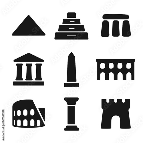 Ancient Architecture Icons. Solid, filled icon set of ancient architecture and monuments: pyramid, ziggurat, stone circle, temple,