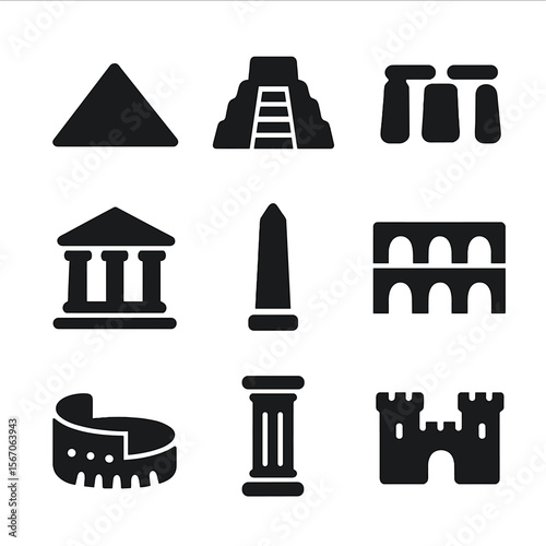 Ancient Architecture Icons. Solid, filled icon set of ancient architecture and monuments: pyramid, ziggurat, stone circle, temple,