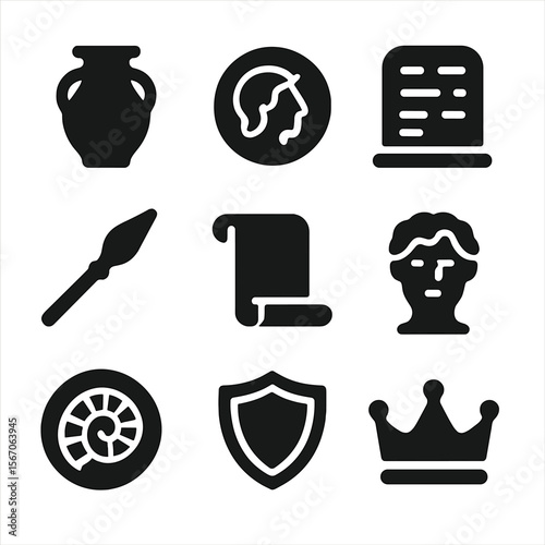 Ancient Artifacts Icons. Solid, filled icon set of historical artifacts: clay pot, old coin, stone tablet, ancient weapon, scroll,