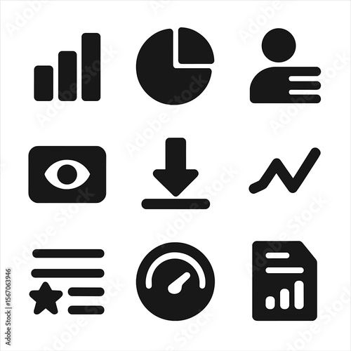 Analytics Icon Set. Solid, filled icon set of analytics and reporting: bar graph, pie chart, user activity icon, asset views,