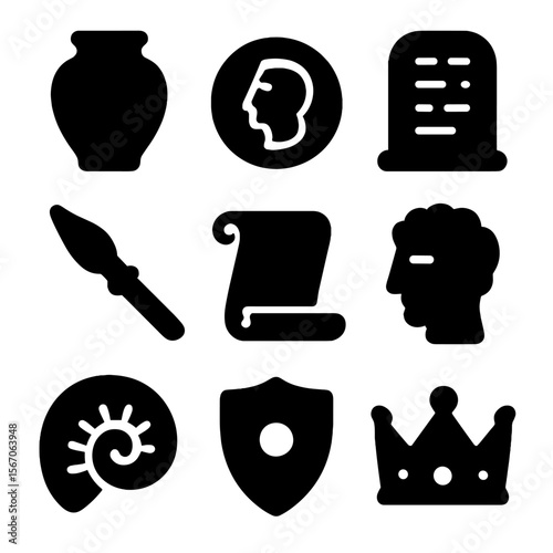 Ancient Artifacts Icons. Solid, filled icon set of historical artifacts: clay pot, old coin, stone tablet, ancient weapon, scroll,