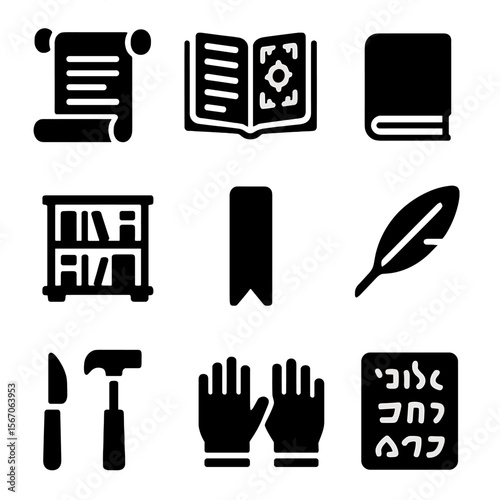 Ancient Books Icon Set. Solid, filled icon set of ancient and rare books: scroll, illuminated manuscript, leather-bound book,