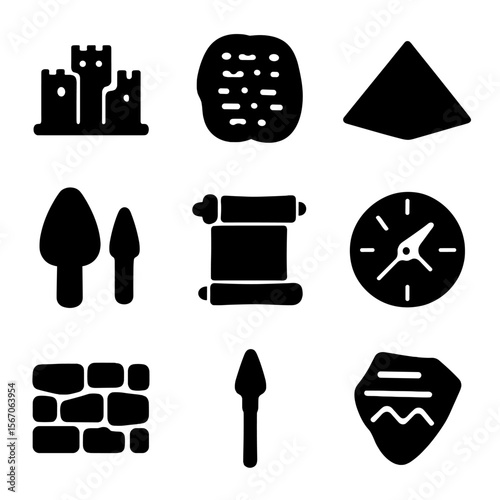 Ancient Civilization Icons. Solid, filled icon set of Origin of civilization: ancient city, clay tablet, pyramid, early tools,