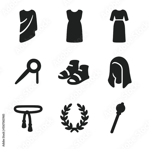 Ancient Fashion Icons. Solid, filled icon set of ancient fashion elements: toga, chiton, stola, fibula pin, sandals, head scarf,