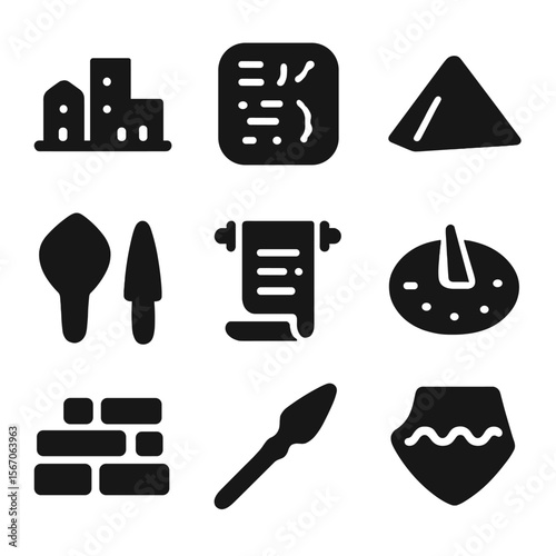 Ancient Civilization Icons. Solid, filled icon set of Origin of civilization: ancient city, clay tablet, pyramid, early tools,