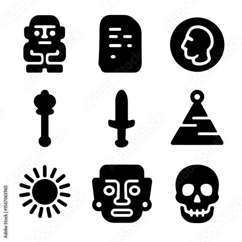 Ancient Relic Icons. Solid, filled icon set of relics from ancient civilizations: obsidian idol, stone tablet, gold coin, ancient