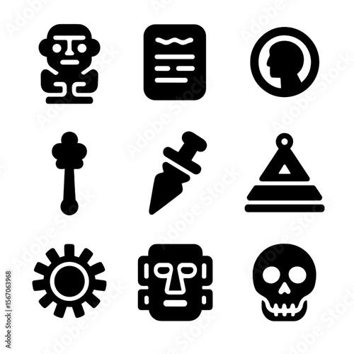 Ancient Relic Icons. Solid, filled icon set of relics from ancient civilizations: obsidian idol, stone tablet, gold coin, ancient