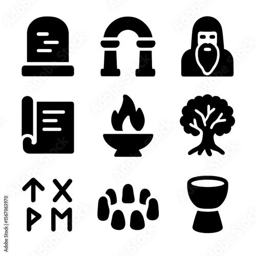 Ancient Teachings Icons. Solid, filled icon set of ancient teachings: stone tablet, temple arch, elder figure, ancient scroll,