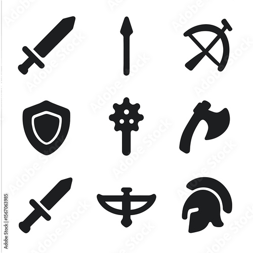 Ancient Weapons Icons. Solid, filled icon set of ancient weapons: sword, spear, bow, shield, mace, axe, dagger, crossbow, helmet.