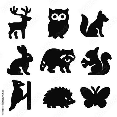Autumn Wildlife Icons. Solid, filled icon set of wildlife in autumn forests: deer, fox, owl, rabbit, raccoon, squirrel gathering