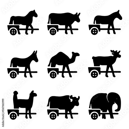 Animal Icon Grid. Solid, filled icon set of animals pulling wagons: horse, ox, mule, donkey, camel, reindeer, llama, yak, elephant