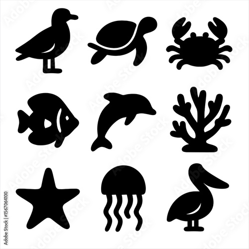 Archipelago Wildlife Icons. Solid, filled icon set of archipelago wildlife: seabird, sea turtle, crab, tropical fish, dolphin,