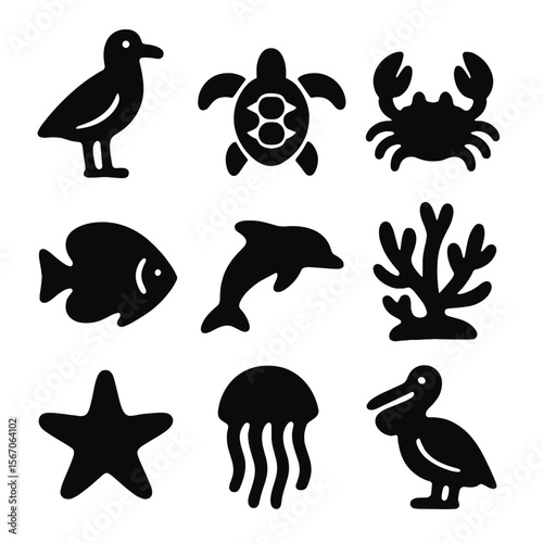 Archipelago Wildlife Icons. Solid, filled icon set of archipelago wildlife: seabird, sea turtle, crab, tropical fish, dolphin,