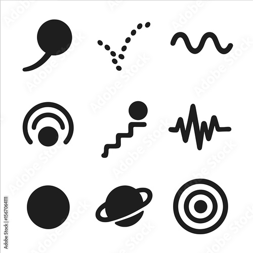 Abstract Bounce Icon Set. Solid, filled icon set of abstract bounce designs: circle with trail, dotted arc, wave pattern, ripple
