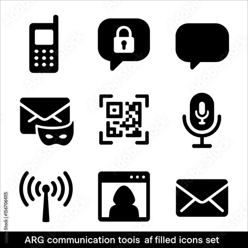 ARG Communication Icons. Solid, filled icon set of ARG communication tools: burner phone, encrypted message, chat bubble,