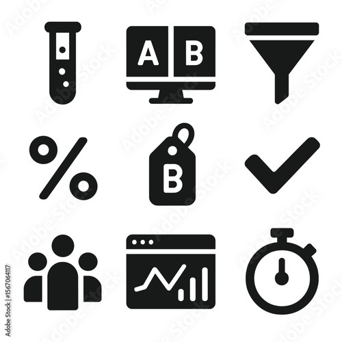 A_B Testing Icons. Solid, filled icon set of A/B testing tools: test tube, split screen, funnel chart, percentage icon, control