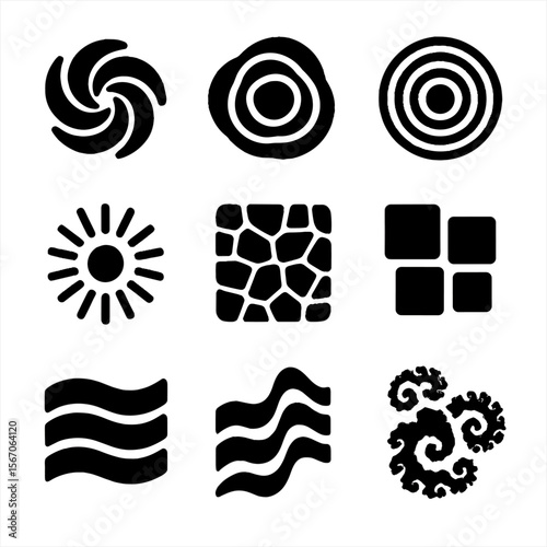 Abstract Icon Array. Solid, filled icon set of abstract shifting colors: swirling vortex, layered circles, concentric rings,