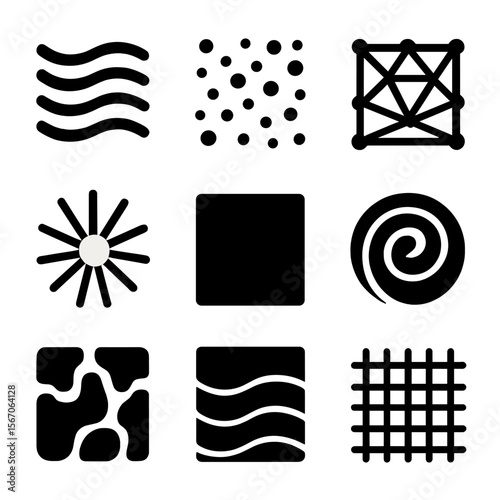 Abstract Icon Grid. Solid, filled icon set of abstract backgrounds and textures: wavy lines, scattered dots, geometric mesh,