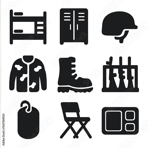Army Essentials Icons. Solid, filled icon set of army barracks essentials: bunk bed, military locker, helmet, camouflage uniform,