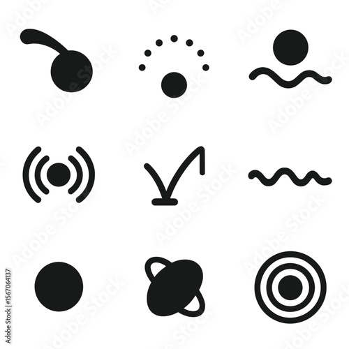 Abstract Bounce Icon Set. Solid, filled icon set of abstract bounce designs: circle with trail, dotted arc, wave pattern, ripple