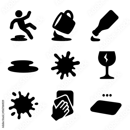 Accidental Spill Icons. Solid, filled icon set of accidental spills: slipping person, falling cup, dropped bottle, broken glass,